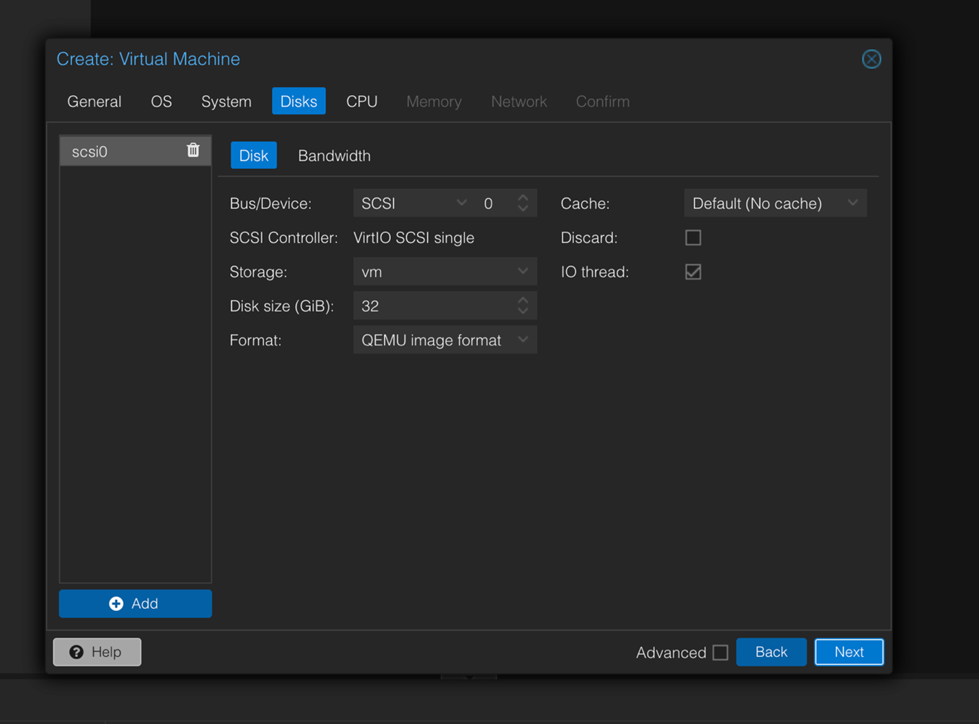 Configuration screen for VM creation showing Disk settings: Bus set to SCSI, SCSI Controller to VirtIO SCSI single, Storage selected as vm, Disk size 32 GiB, Format QEMU image format, Cache Default No cache, Discard unchecked, IO thread checked. Navigation buttons Back and Next, Add button, Advanced checkbox visible.