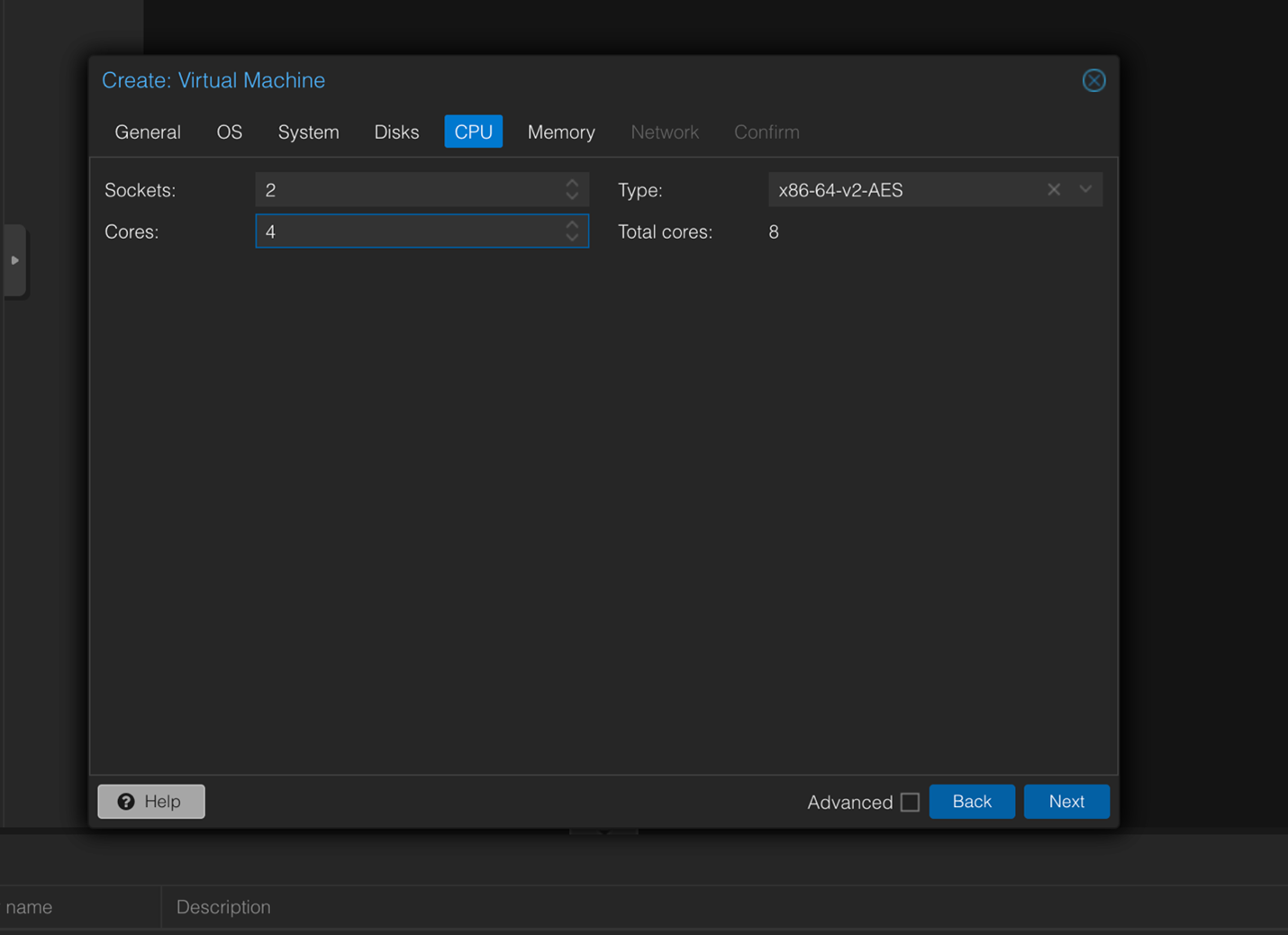 CPU settings tab for virtual machine configuration; Sockets: 2, Cores: 4, Total cores: 8, Type: x86-64-v2-AES. Navigation buttons: Back and Next are visible.