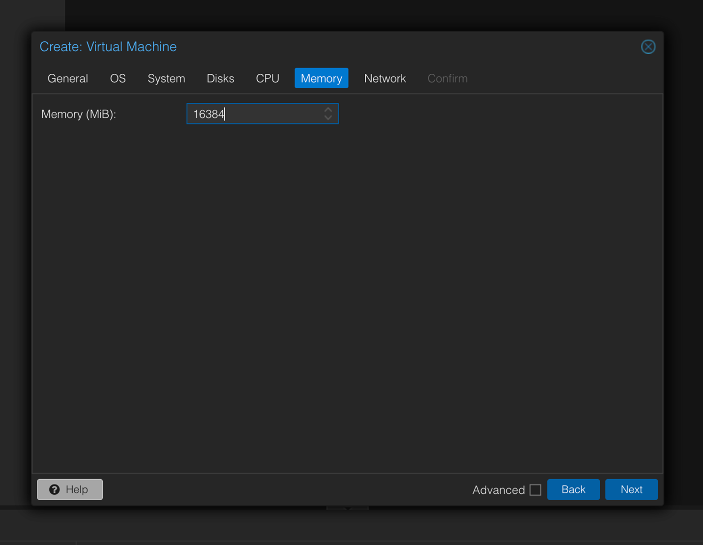 Memory configuration screen for virtual machine with 16384 MiB set. Navigation buttons: Back, Next, Advanced checkbox, Help button. Tabs for General, OS, System, Disks, CPU, Network, Confirm.