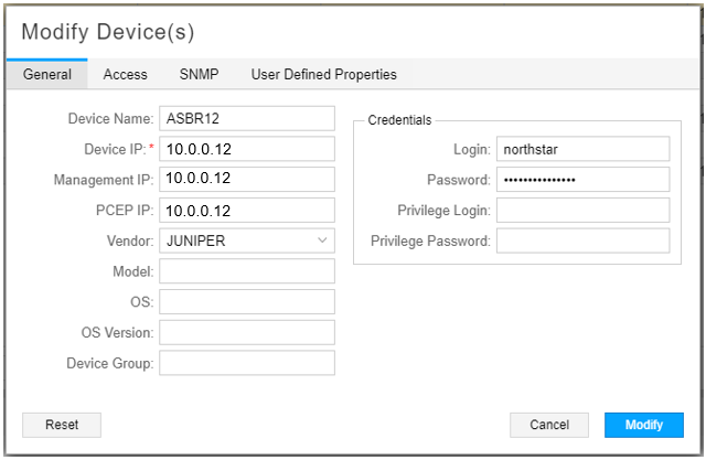 Modify Devices configuration window for network device ASBR12 with IP 10.0.0.12 and vendor JUNIPER. Fields for login credentials and tabs for General, Access, SNMP, User Defined Properties. Buttons for Reset, Cancel, Modify.