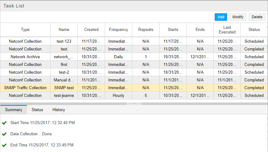 Collection Results for SNMP Traffic Collection Task, Summary Tab