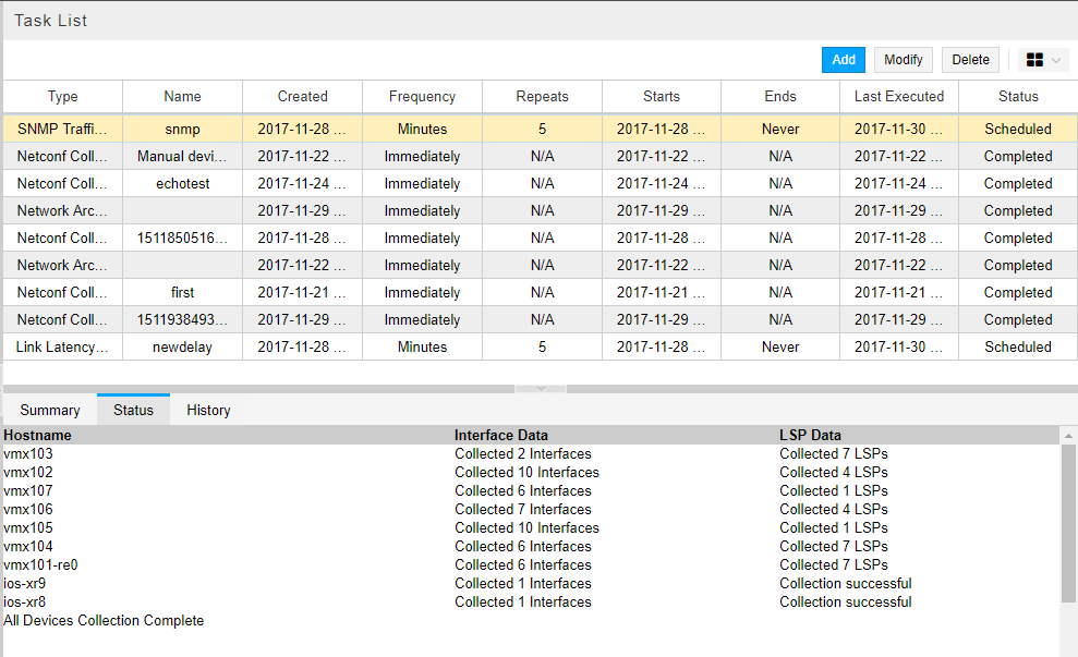 Task List table interface for network management displaying task type, name, creation date, frequency, repetitions, start and end times, last executed, and status. Options to add, modify, or delete tasks. Tabs for Summary, Status, and History. Status tab shows device hostnames, interface and LSP data, and collection status.