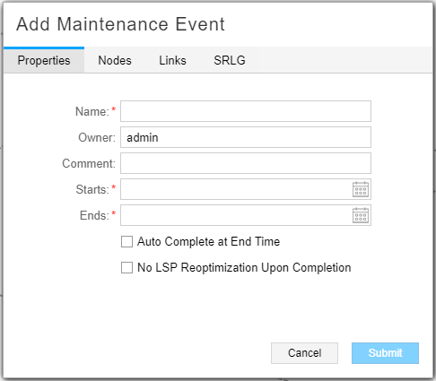 Add Maintenance Event Window, Properties Tab