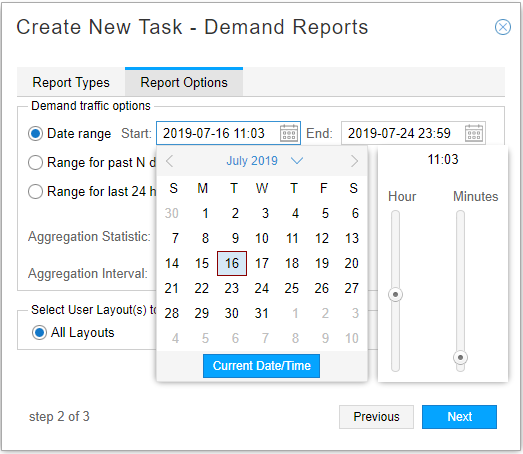 Creating new task in Report Options tab for demand reports with date range selection, aggregation statistics, intervals, and user layouts.