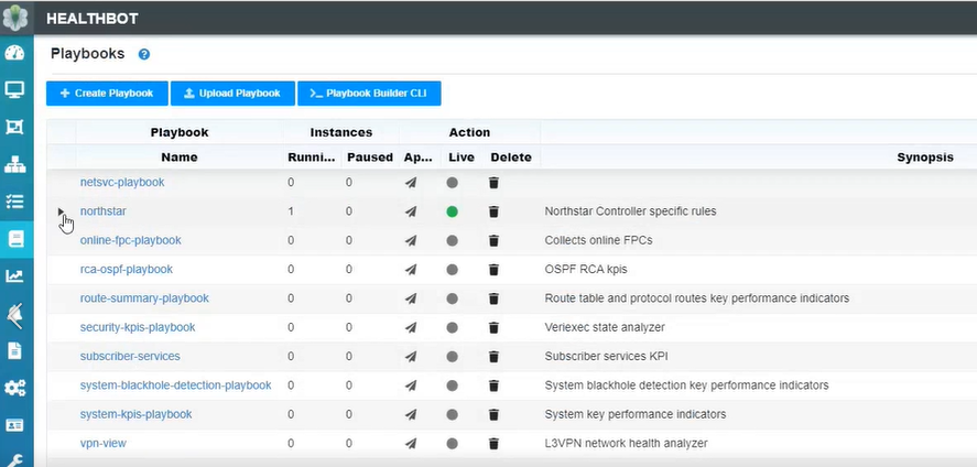 HealthBot Playbooks interface showing playbook list with names like netsvc-playbook and northstar, actions like live and delete, and status indicators.