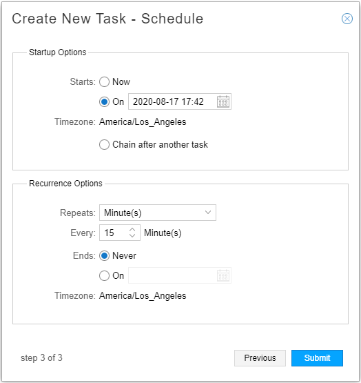 Scheduling interface for creating a new task with startup options: start now, on a date and time, or chain after another task. Recurrence options: repeat every 15 minutes. Step 3 of 3 with Previous and Submit buttons.