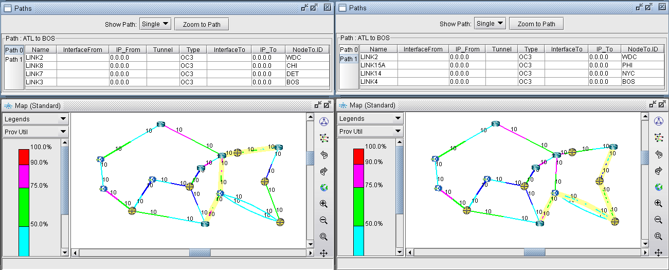 Network visualization tool interface with two side-by-side panels. Each panel shows path information and a network map. Path details include path names, interface info, tunnel types, and node IDs. Network map displays nodes and color-coded links for utilization: red 100 percent, yellow 90 percent, green 75 percent, cyan 50 percent. Panels compare two routing scenarios for network optimization.