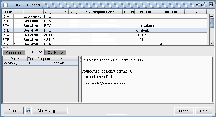 Graphical user interface for managing BGP neighbors with columns like Node, AS, Interface, Neighbor Node. Buttons for filtering and help.
