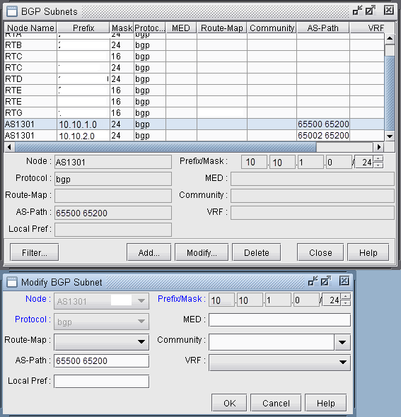 Graphical user interface for configuring BGP subnets in a network management tool. Top section lists BGP subnets. Middle section allows subnet modifications. Bottom section provides detailed editing options.