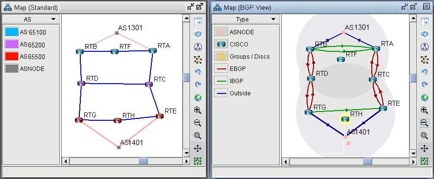 Network topology maps: left shows nodes RTA-RTH grouped by AS1301-AS65500; right highlights BGP connections with red for EBGP, green for IBGP, blue for others.
