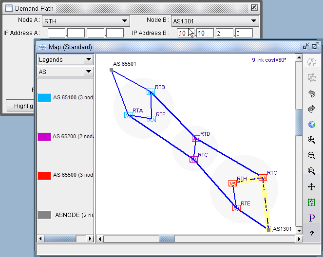 Network topology diagram with nodes RTA to RTG in AS 65501, AS 65100, AS 65200, AS 65500. Blue lines show connections; yellow dashed line connects RTE to AS1301. Legend displays AS groups. Demand Path tool for node and IP analysis.