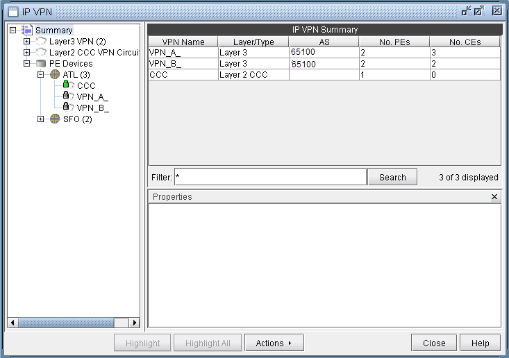 Graphical interface for managing IP VPNs with summary panel and IP VPN Summary table detailing VPN names, types, AS, PEs, and CEs.