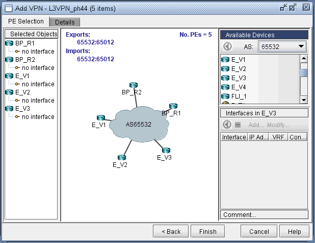 GUI for configuring Layer 3 VPNs with central network cloud AS65532, connected routers BP_R1, BP_R2, E_V1-V5, route targets 65532:65012, and navigation buttons.