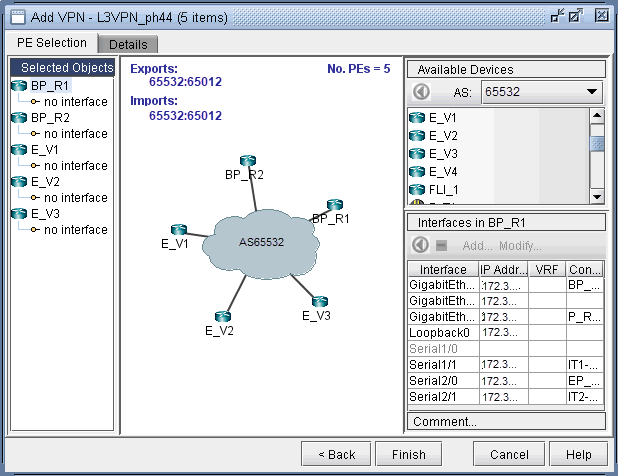 Network configuration interface for Layer 3 VPN setup showing AS65532 with PE devices, route targets, and BP_R1 interfaces.