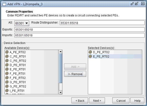 Configuration interface for setting up Layer 2 VPN using Kompella method; AS number 65301; RD 65301:65018; Devices C_PE_RT01 and D_PE_RT02 selected; Navigation buttons available.