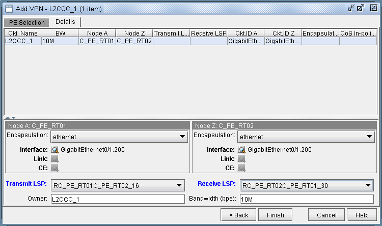 Add VPN interface for configuring Layer 2 Circuit Cross-Connect with endpoints C_PE_RT01 and C_PE_RT02. Bandwidth 10M. Ethernet encapsulation.