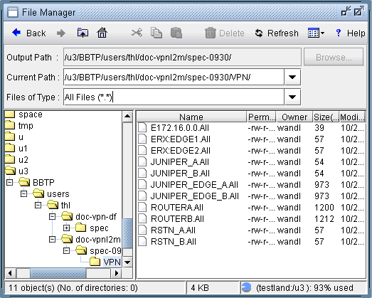 File manager interface with navigation toolbar and directory paths. Current path is /u3/BBTP/users/thl/doc-vpnl2m/spec-0930/VPN/. Directory tree on the left, file list on the right showing files like E172.16.0.0.All. Status bar indicates 11 objects, 4 KB total size, 93 percent disk usage.