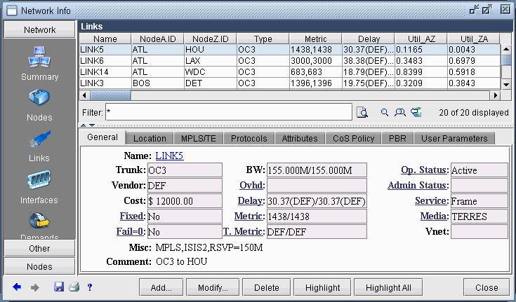 Network management interface displaying link details; tabs for navigation, links table with columns for name, nodes, type, metric, delay, utilization, and buttons for link management.