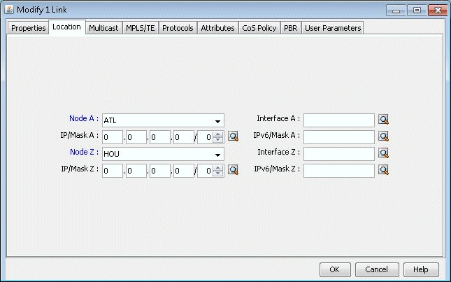 Configuration window for modifying a network link between nodes ATL and HOU, with fields for IP addresses, interfaces, and tabs for advanced settings.
