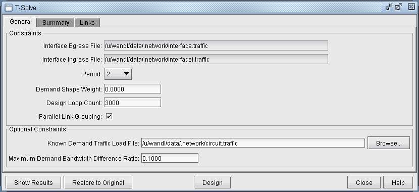 Screenshot of T-Solve software interface for network design. General tab active, showing constraints like egress and ingress file paths, period set to 2, demand shape weight 0.0000, design loop count 3000, and parallel link grouping checked. Optional constraints include known demand traffic load file path and maximum demand bandwidth difference ratio 0.1000. Buttons: Show Results, Restore to Original, Design, Close, Help.