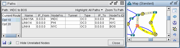 Network management screenshot showing a table detailing network paths from WDC to BOS and a map with highlighted connections from WDC to BOS via PHI and NYC.