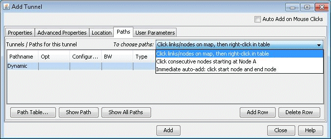 Software interface for adding a tunnel, with Paths tab selected. Dropdown menu offers path selection methods. Table for path details and buttons for tunnel configuration are present.