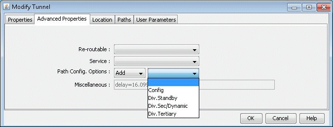Software interface for modifying tunnel configurations with tabs for Properties, Advanced Properties, Location, Paths, and User Parameters. Paths tab shows dropdowns for Re-routable, Service, Path Config Options. Path Config Options expanded with Config, Div.Standby, Div.Sec/Dynamic, Div.Tertiary. Miscellaneous field shows delay equals 16.093. OK, Cancel, and Help buttons at bottom.