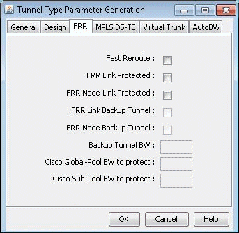 Tunnel Type Parameter Generation window for MPLS configuration, showing FRR settings with checkboxes and fields for fast reroute options and bandwidth settings.