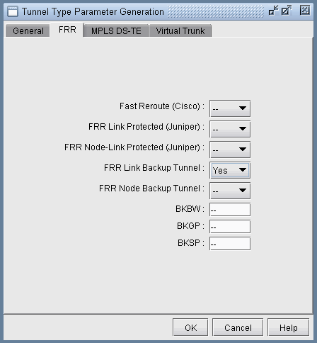 Tunnel Type Parameter Generation window with FRR tab selected for configuring Fast Reroute settings.