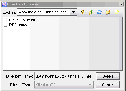 Directory Chooser dialog box for selecting files or directories with path field, file list, navigation icons, and Select or Cancel buttons.