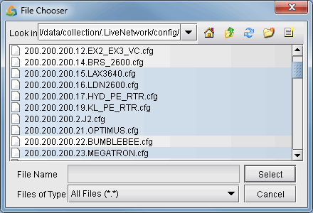 File Chooser dialog displaying configuration files in the directory /data/collection/LiveNetwork/config with Select and Cancel options.
