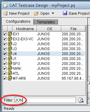 Software interface showing CAT Testcase Design with myProject.prj loaded, displaying JUNOS configurations. Filter set to JUN.