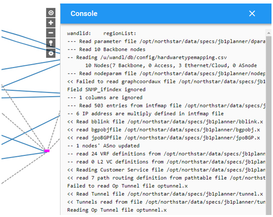 Network visualization tool screenshot showing network topology with nodes and connections on the left, and console log on the right indicating operations and file errors.