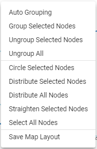 Dropdown menu for node management and layout in mapping tool with options like Auto Grouping, Group Selected Nodes, and Save Map Layout.