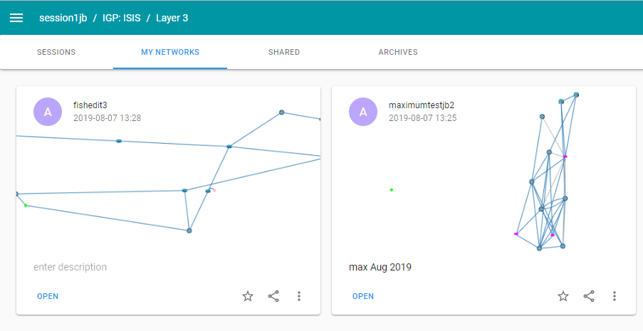 Network visualization tool interface showing two network graphs under My Networks tab. Left card: fishedit3, 2019-08-07 13:28, placeholder description. Right card: maximumtestjb2, 2019-08-07 13:25, description max Aug 2019.