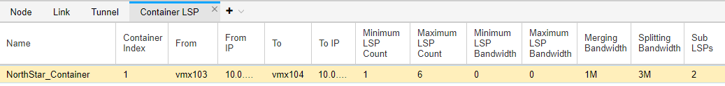 Container LSP configuration details: Name NorthStar_Container, Container Index 1, Source vmx103, Destination vmx104, Minimum LSP Count 1, Maximum LSP Count 6, Merging Bandwidth 1M, Splitting Bandwidth 3M, Sub LSPs 2.