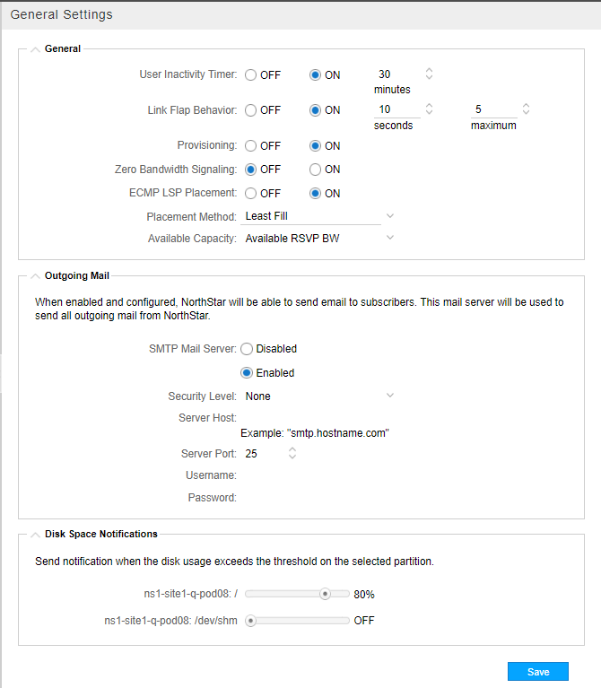 General Settings page with sections: User Inactivity Timer set to 30 mins, SMTP Mail Server enabled, Disk Space Notifications threshold at 80 percent.