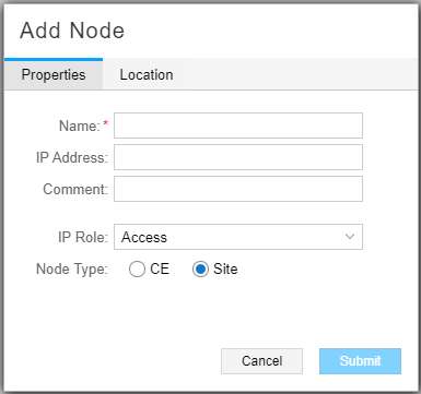 Add Node dialog box with tabs Properties and Location, fields for Name, IP Address, Comment, IP Role dropdown set to Access, Node Type radio button set to Site, and Cancel and Submit buttons.