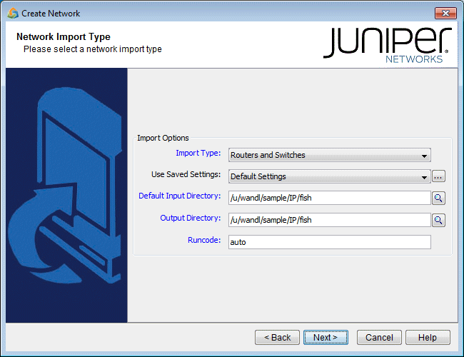 Create Network wizard interface from Juniper Networks asking to select a network import type with routers and switches selected.
