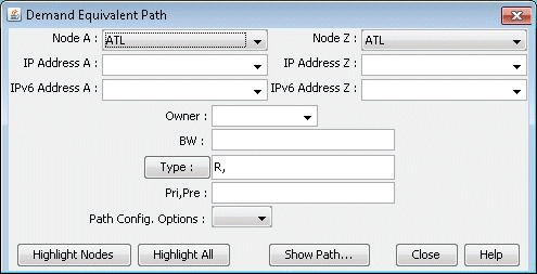 GUI for network path configuration with node selection, IP address fields, bandwidth, path type, priority settings, and highlight options.