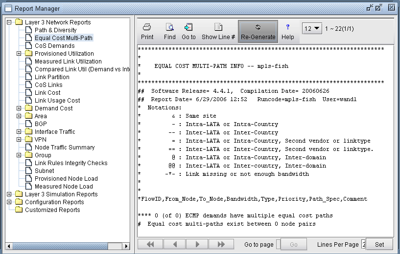 Report Manager interface displaying EQUAL COST MULTI-PATH INFO mpls-fish with software version, compilation, and report dates. Includes network path symbols and categories like Layer 3 Network Reports and Provisioned Utilization. Options for printing, finding, and navigating are available.