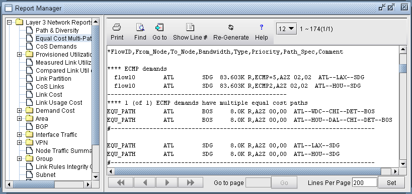 Network analysis tool interface showing ECMP demands with a data table listing flow details like FlowID, From_Node, To_Node, Bandwidth, and Priority.