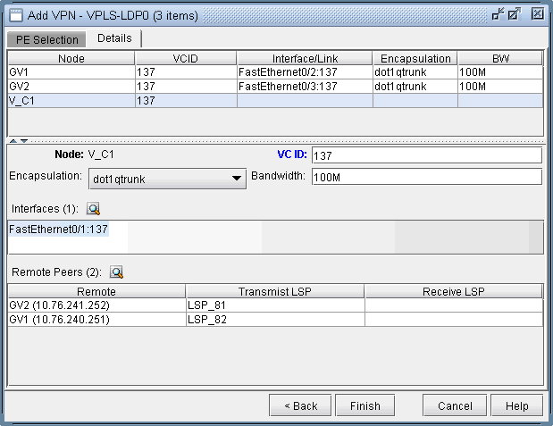 VPN configuration interface for VPLS with LDP, showing nodes GV1, GV2, V_C1 with VCID 137, and details for node V_C1 with remote peers IPs 10.76.241.252, 10.76.240.251.