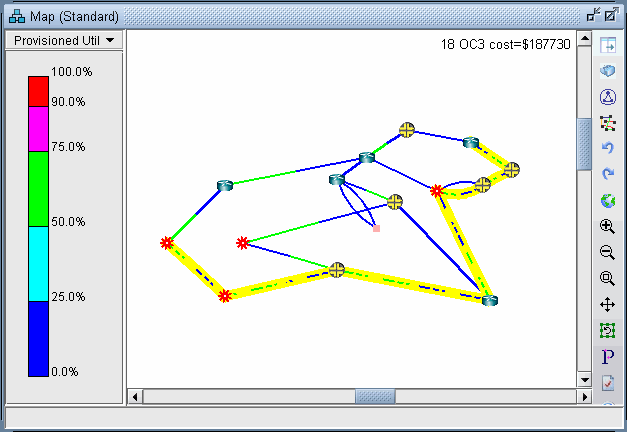 Network topology map showing nodes as circles or crosses, links as color-coded lines indicating utilization from 0 percent blue to 100 percent red.