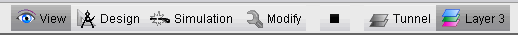 Toolbar with options: View with eye icon, Design with compass icon, Simulation with gear and arrow icon, Modify with wrench icon, Tunnel with rectangular icon, Layer 3 with layered icon. Likely for CAD or simulation software.