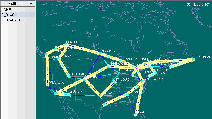 Network topology map of North America with nodes in cities like Seattle, Chicago, and Miami. Yellow lines show primary connections, blue indicate backups. Left panel displays multicast options.