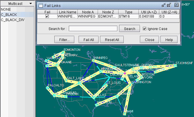 Network topology map of North America with nodes and color-coded links. Highlighted link: Winnipeg to Edmonton, STM16, utilization percentages shown.