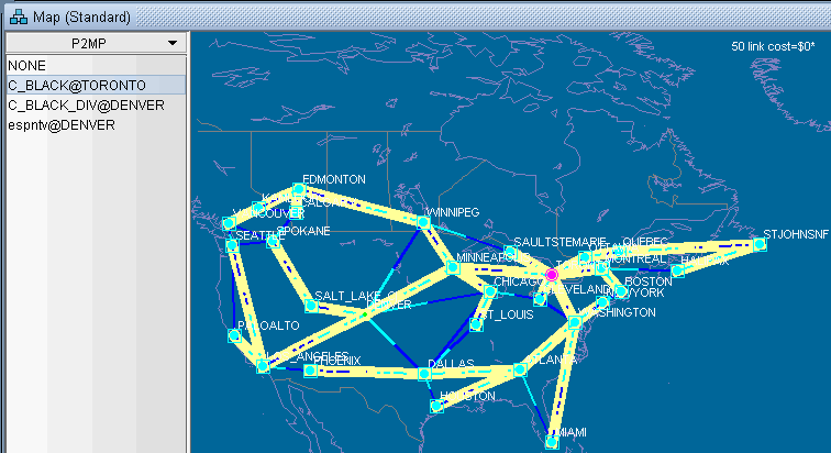 Network topology map of North America with nodes in cities like Toronto, Denver, and Miami. Color-coded lines indicate link types.