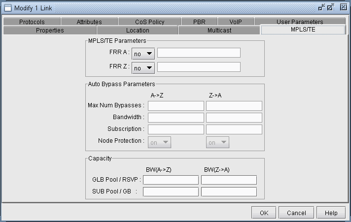 Configuration window for MPLS TE parameters in a network link, showing tabs, user parameters, and fields for Fast Reroute, auto bypass, and capacity settings.