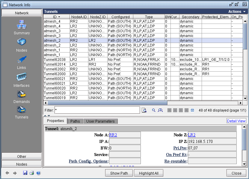 Network management interface displaying tunnels, nodes, and paths. Left sidebar has navigation options. Main table lists tunnel details like ID, node IDs, path, type, bandwidth, and protection settings. Filter bar allows search. Detail view at bottom offers node, IP, bandwidth, and path info.